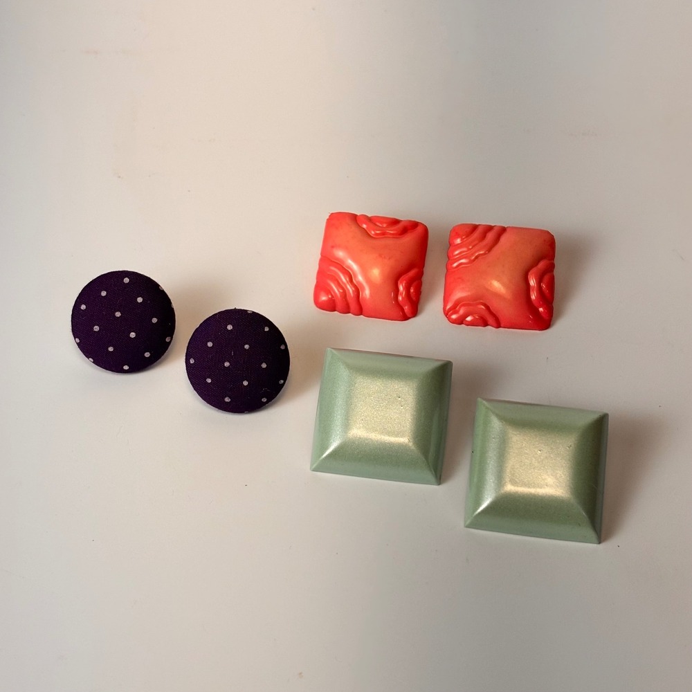 Vintage Stud Earring Set Purple Coral Mint Nylon Fabric Geometric 80s Statement